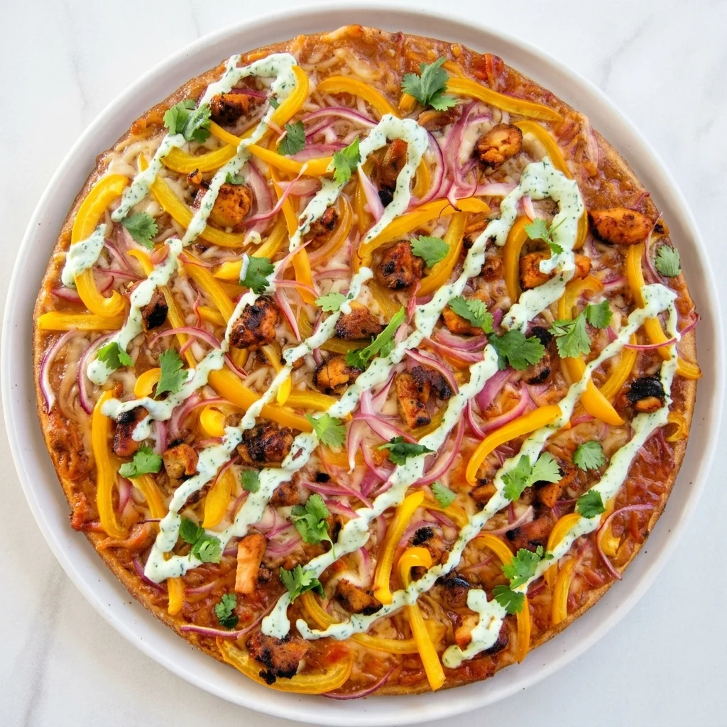 Tandoori Chicken Pizza with bold spices and jalapeño at Flamora Pizza in Red Deer, AB